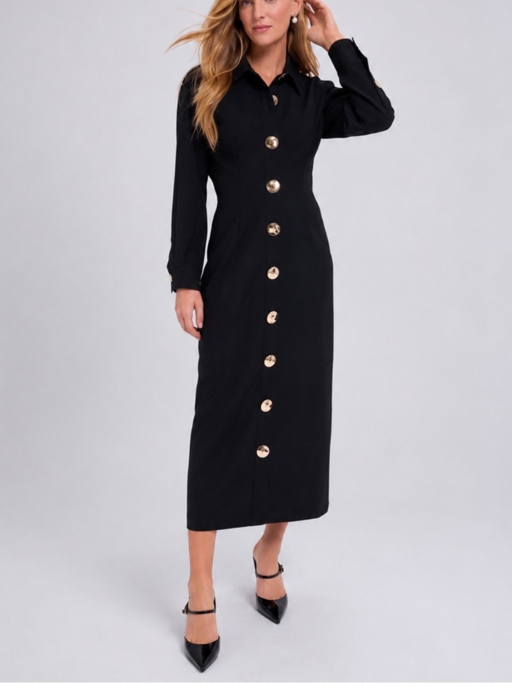 Tuckernuck Black Petra Gold Button Long Sleeve Midi Dress NWT XL